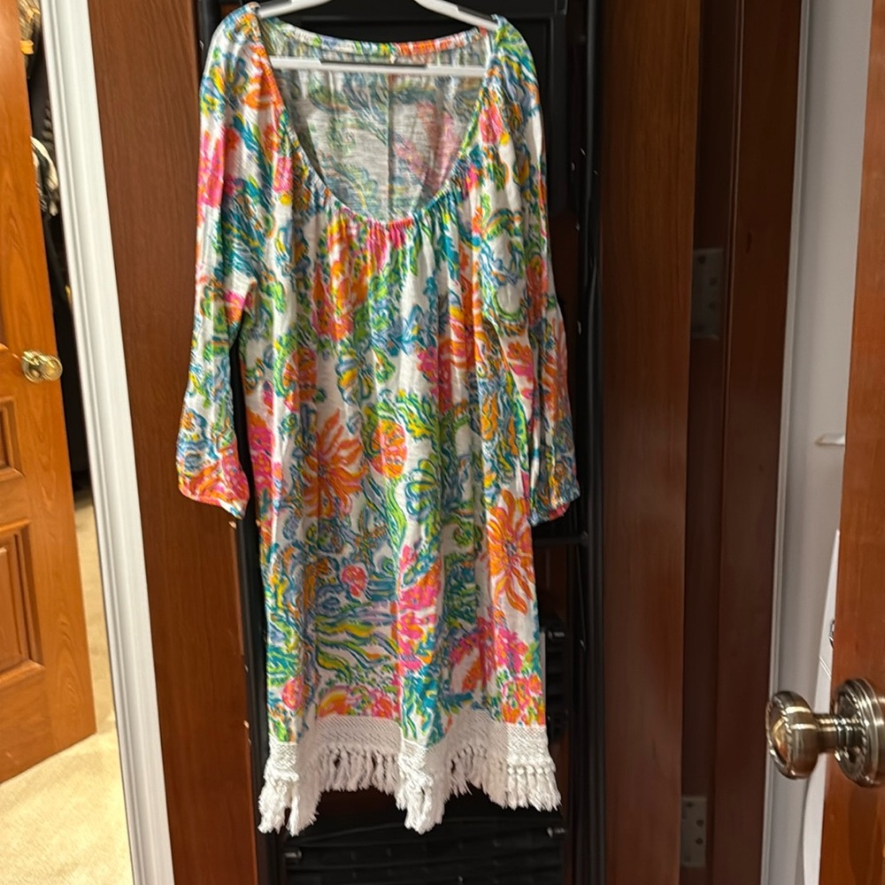 Lily pulitzer soft cotton dress/ cover up, fringe detail on bottom